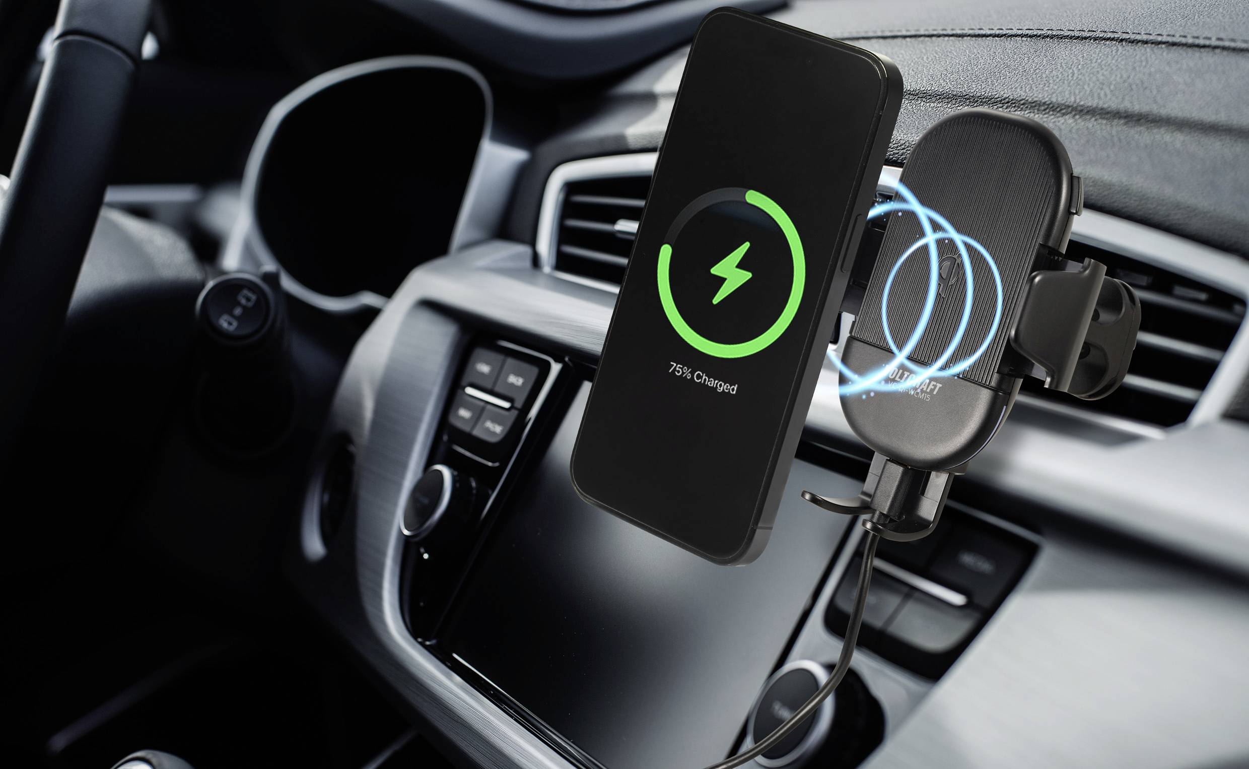 VOLTCRAFT VC-Qi-WCM15 Lüftungsgitter Handy-Kfz-Halterung mit Induktionsladefunktion 55 - 89mm 4 - 6.7 Zoll