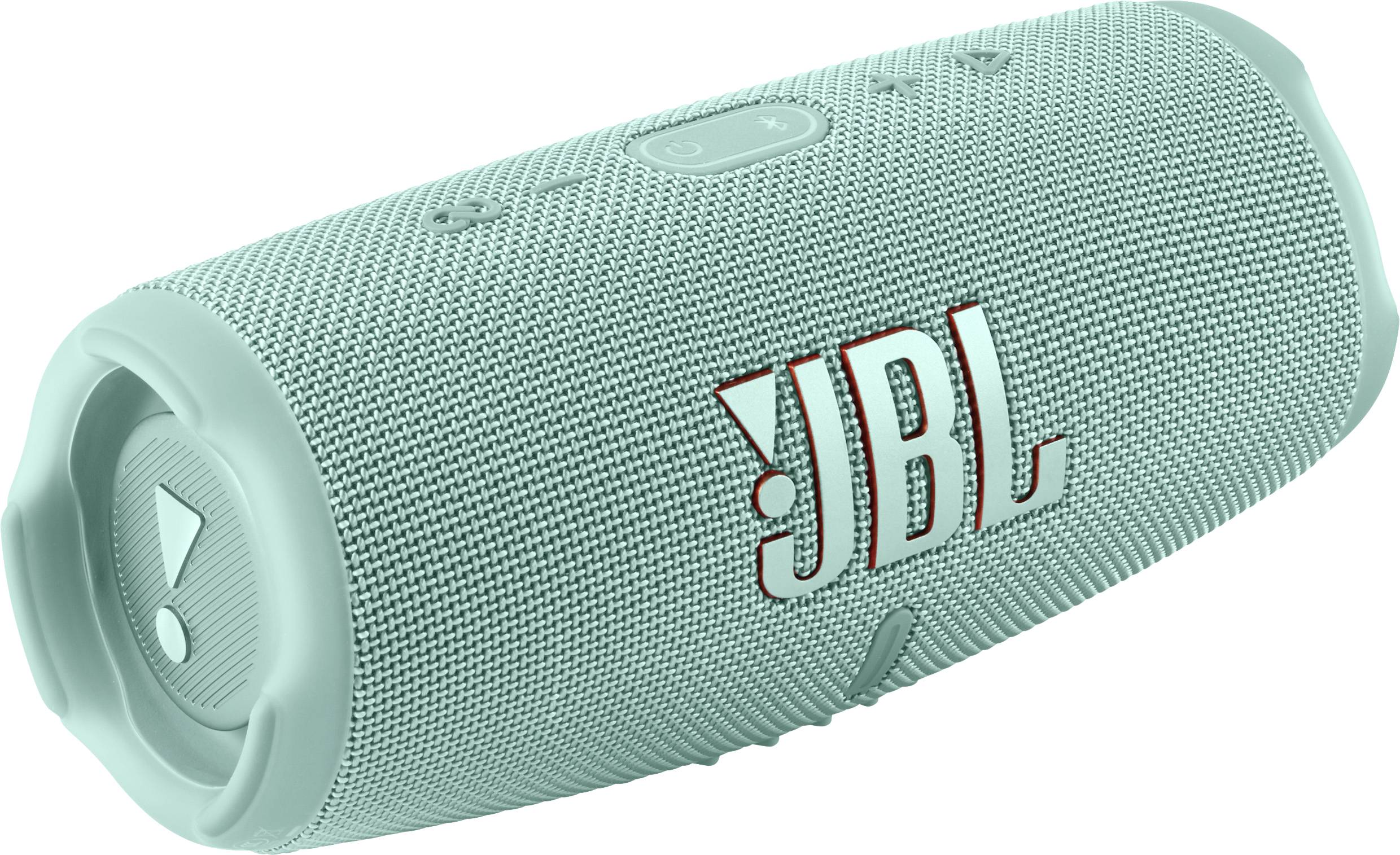 Ein türkisfarbener, tragbarer Lautsprecher mit seitlichem JBL-Logo, geeignet für Musikstreaming unterwegs.