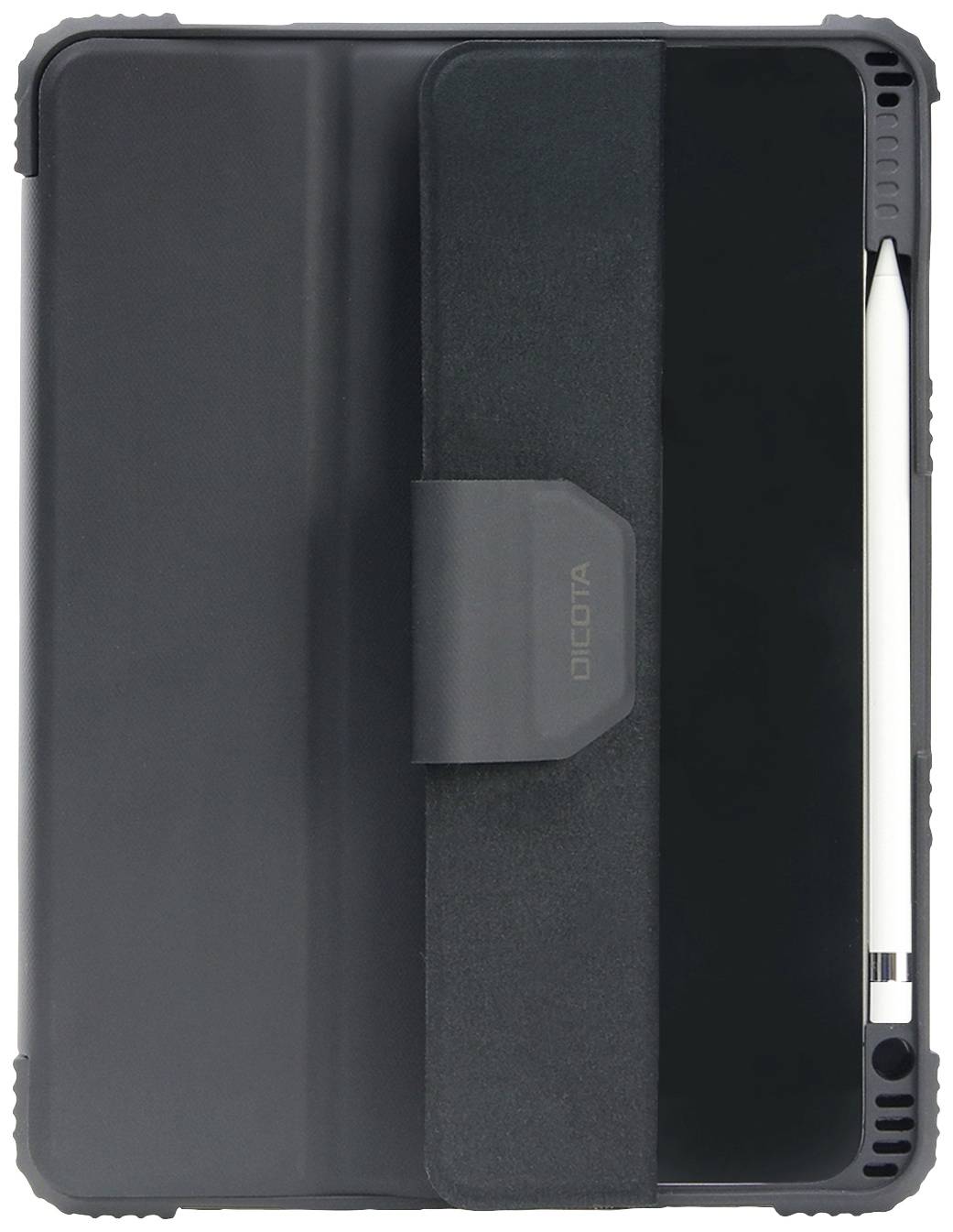 Ein Tablet mit schwarzer Hülle und eingebautem Stift an der Seite; die Hülle hat eine matte Textur und schützt das Gerät.