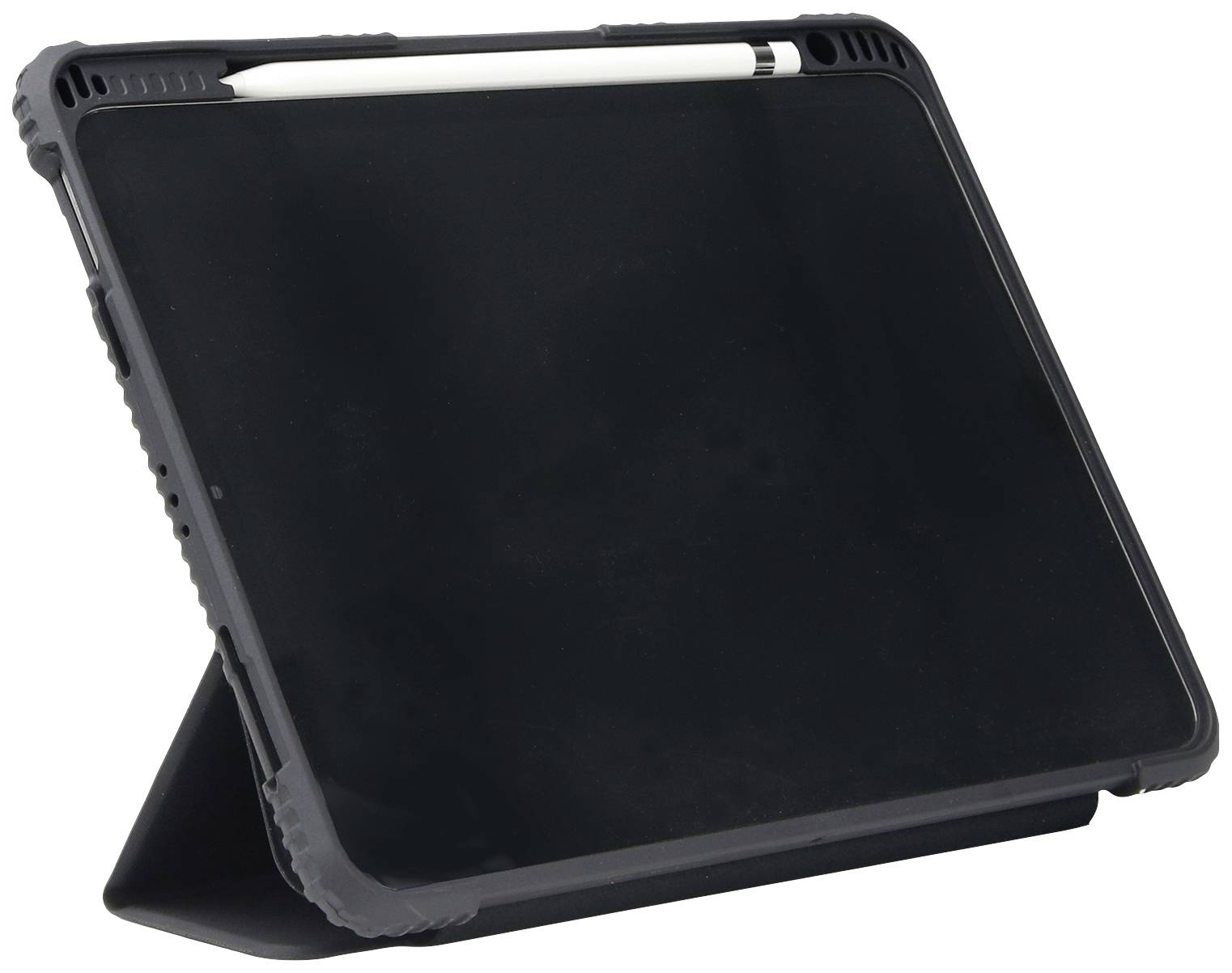 Ein Tablet in einer schützenden schwarzen Hülle, stehend in einem leichten Winkel. Oben liegt ein weißer Eingabestift.