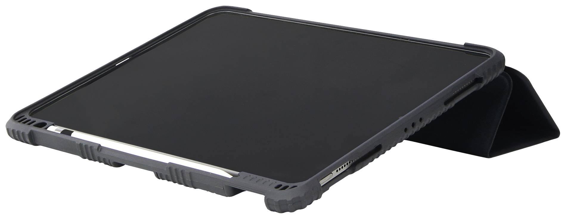 Ein Tablet in einer schwarzen Schutzhülle liegt flach mit einem leicht angehobenen Rand, zeigt keine sichtbare Anzeige oder Aktivität.