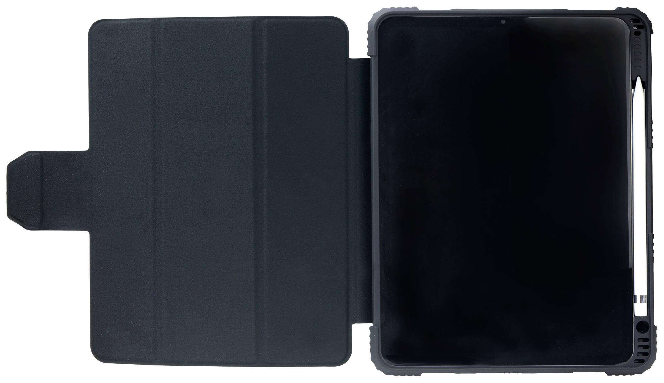 Ein Tablet mit schwarzer Hülle und Stylus, die Hülle ist geöffnet und zeigt den Bildschirm des Tablets.