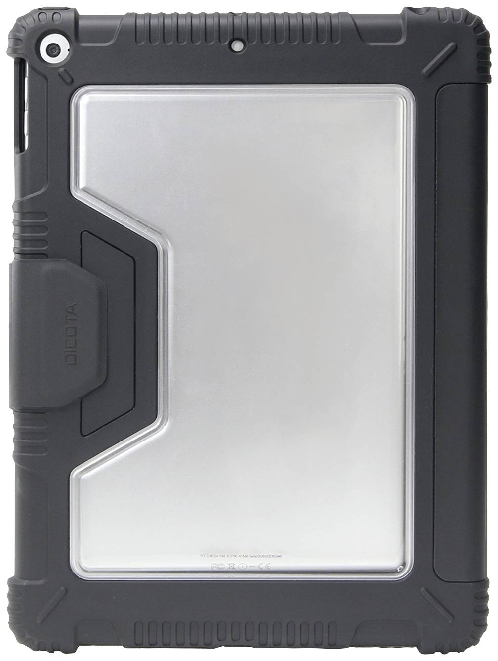 Robustes schwarzes Tablet-Gehäuse mit transparentem Rückenteil und verstärkten Ecken.
