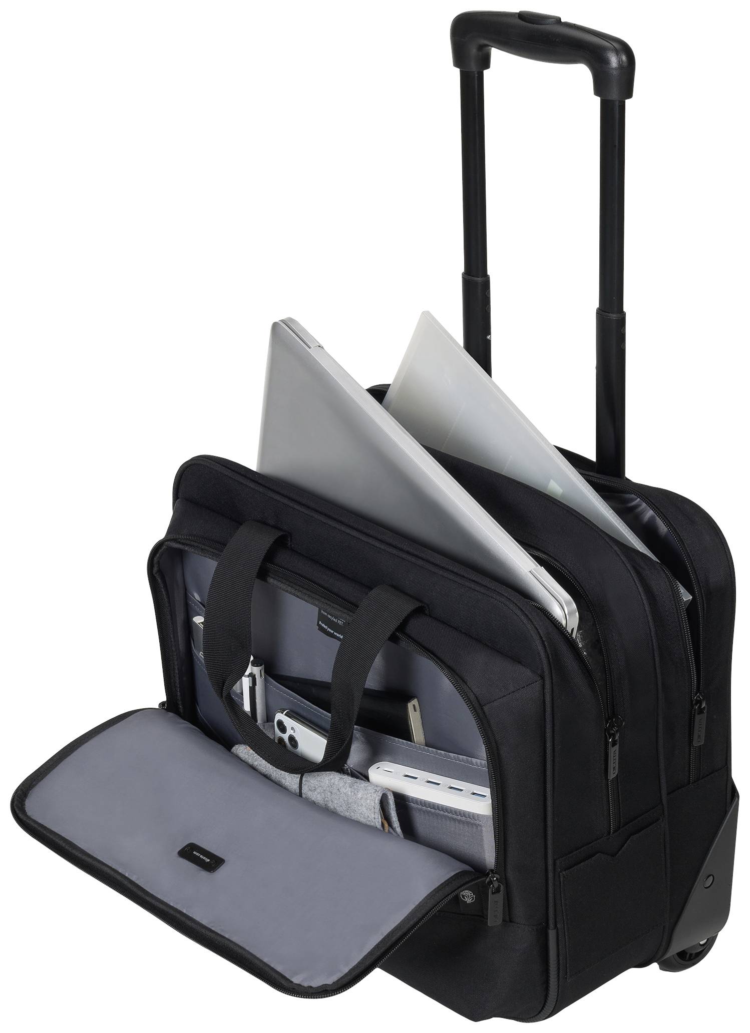 Schwarzer Rollkoffer mit Teleskopgriff, geöffnet, zeigt Laptops und Organisationsfächer für Zubehör und Dokumente.