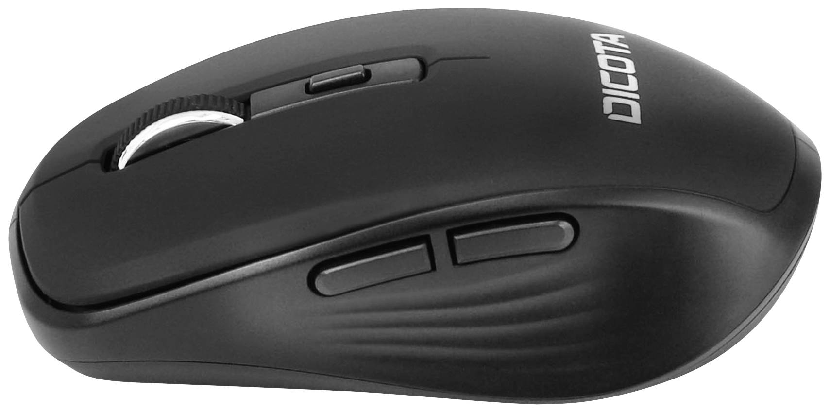Eine schwarze kabellose Computermaus mit zwei Seitentasten und einem Scrollrad. Sie trägt die Aufschrift 'DICOTA' an der Oberseite.