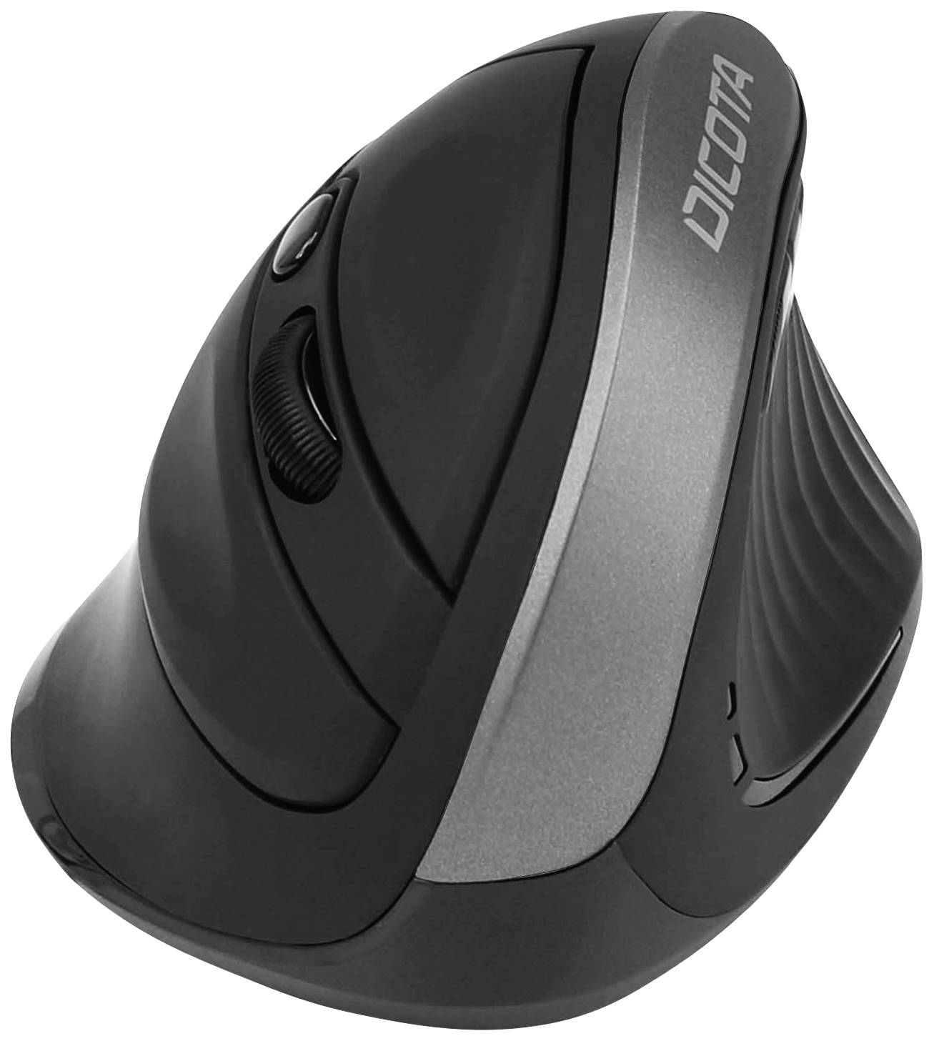 Ergonomische schwarze Computermaus mit vertikalem Design. Sie hat ein Scrollrad und eine dpi-Einstellungstaste, passend für Rechtshänder.