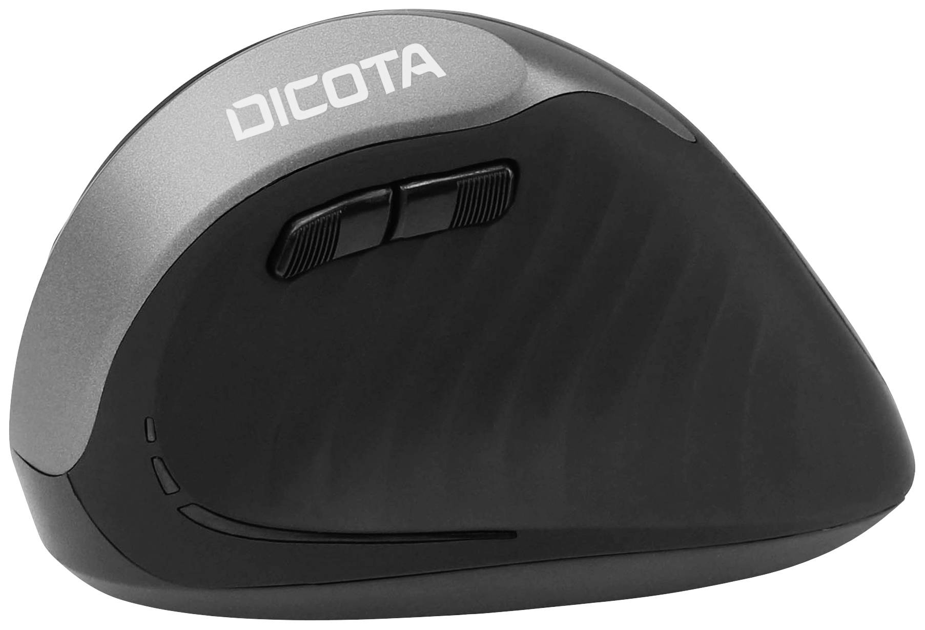 Eine ergonomische Computermaus in Schwarz und Grau mit zwei seitlichen Tasten. Ideal für komfortables Arbeiten am Computer.