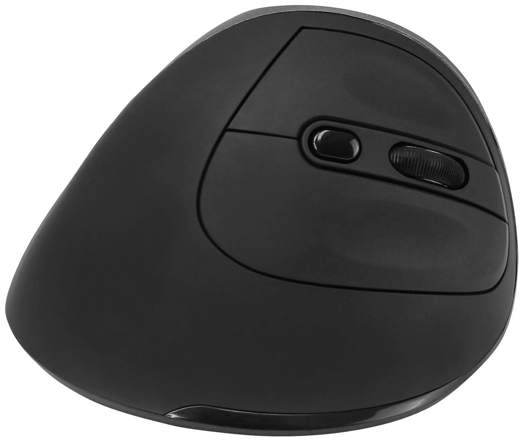 Ergonomische, vertikale Maus in Schwarz mit Scrollrad und zwei Tasten, gestaltet zur Reduzierung von Handgelenk-Belastung.
