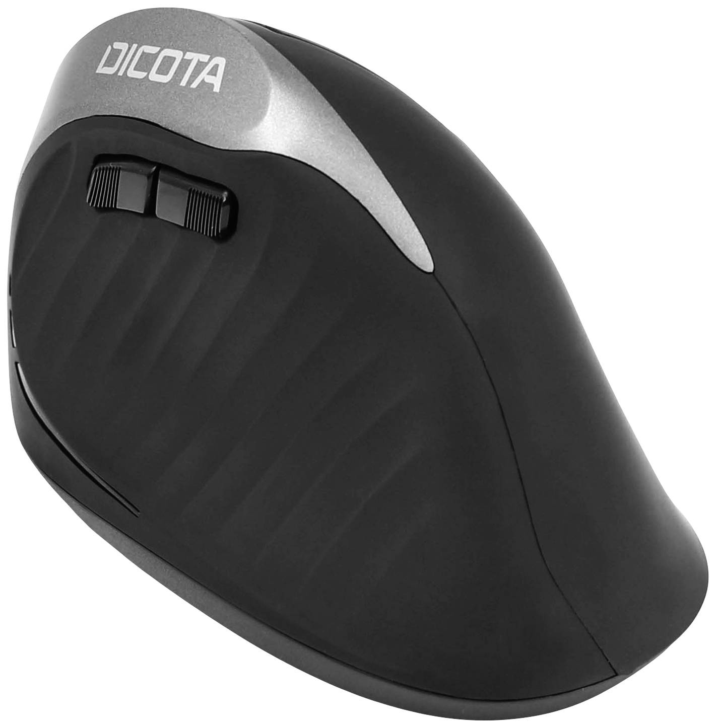 Vertikale ergonomische Computermaus mit zwei Tasten und einem Scrollrad, schwarz mit grauem Markenlogo.