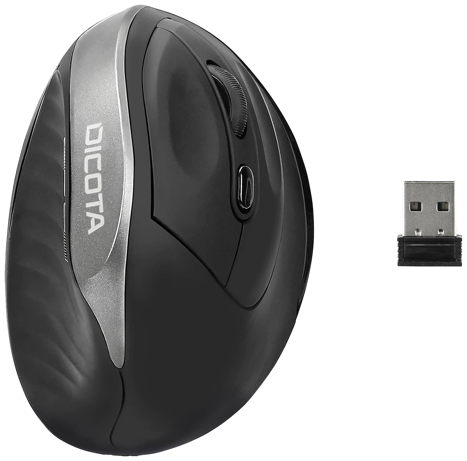Kabellose, ergonomische schwarze Maus mit silbernem Akzent. Enthält einen USB-Empfänger zur Verbindung mit Computern.
