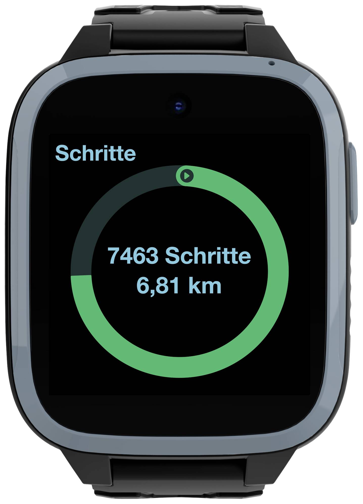 Smartwatch-Bildschirm zeigt 'Schritte' mit einem Visualisierungsring: 7463 Schritte, 6,81 km. Schwarzer Hintergrund, grüner Fortschrittsbalken.