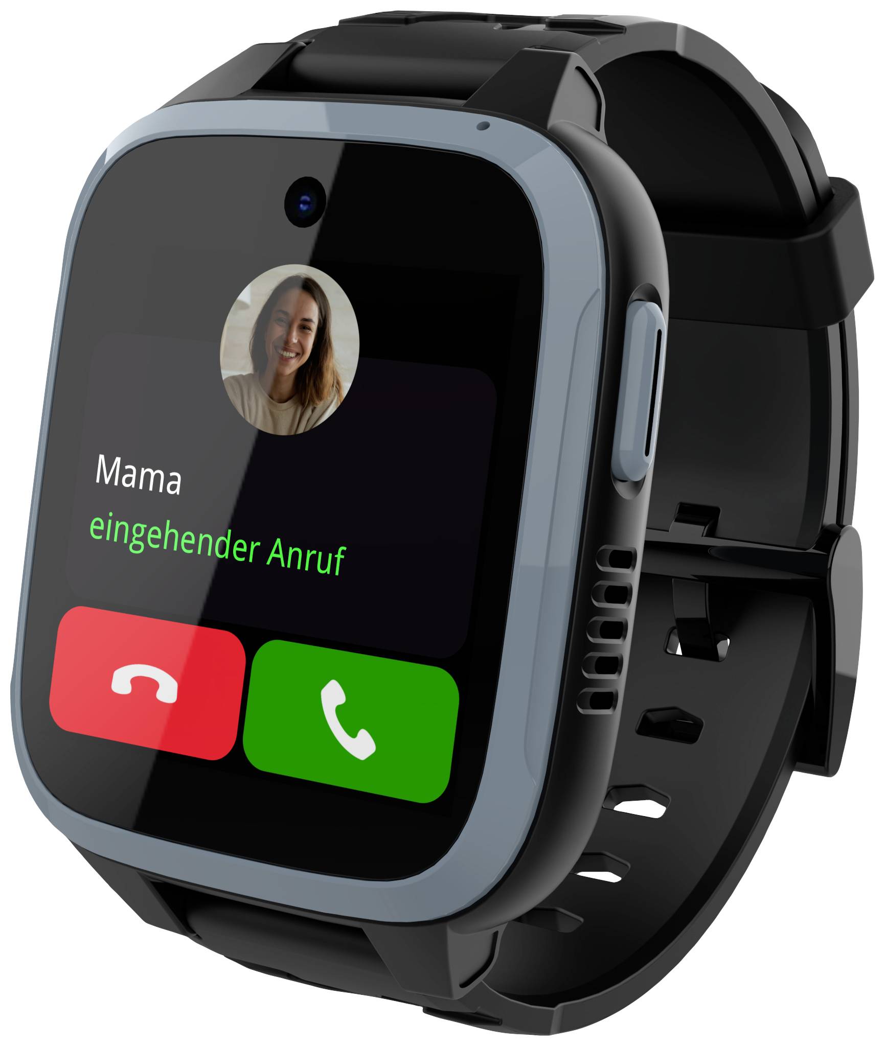 Smartwatch mit eingehendem Anruf von 'Mama', zeigt Annehmen- und Ablehnen-Tasten auf dem Display.