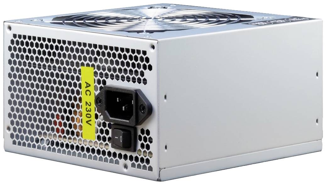 Ein Computer-Netzteil mit Lüfter, gekennzeichnet mit 'AC 230V'.