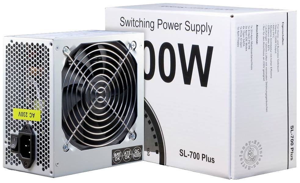 Ein silbernes PC-Netzteil mit Lüfter neben einer Verpackung mit der Aufschrift 'Switching Power Supply 700W SL-700 Plus'.