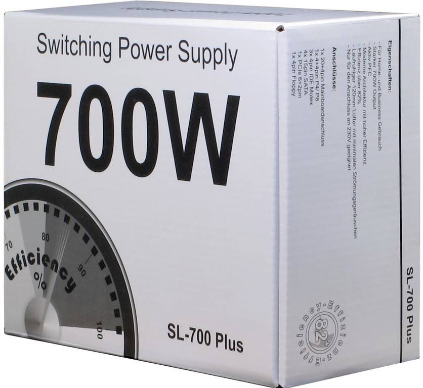 700W Netzteil SL-700 Plus, effizient und leistungsstark. Geeignet für Computerhardware. Enthält technische Spezifikationen.