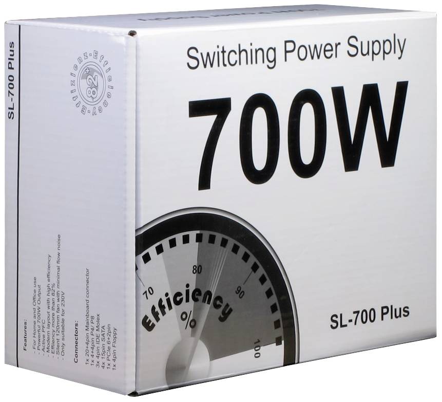 Stromversorgungsgerät mit 700W Leistung. Verpackung zeigt ein Effizienzdiagramm und das Modell SL-700 Plus.