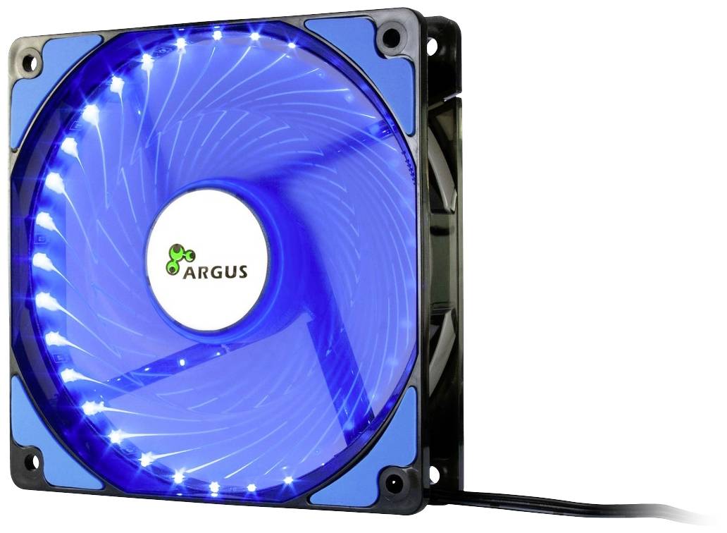 Blauer Computerlüfter mit LED-Licht und 'Argus'-Logo in der Mitte. Ein Anschlusskabel ist zu sehen.