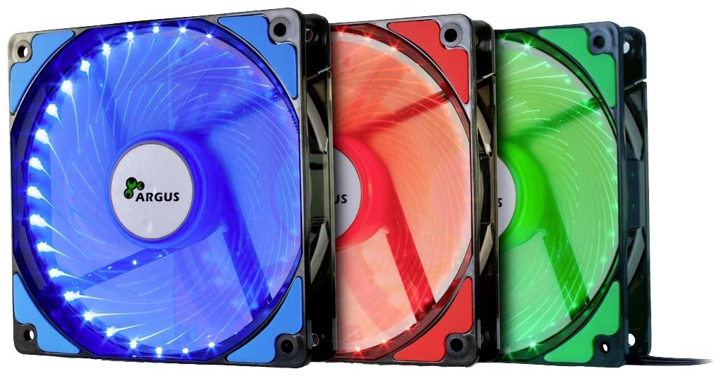 Drei beleuchtete Computerkühler in Blau, Rot und Grün, nebeneinander. Der Markenname 'Argus' ist auf der Mitte jedes Ventilators sichtbar.