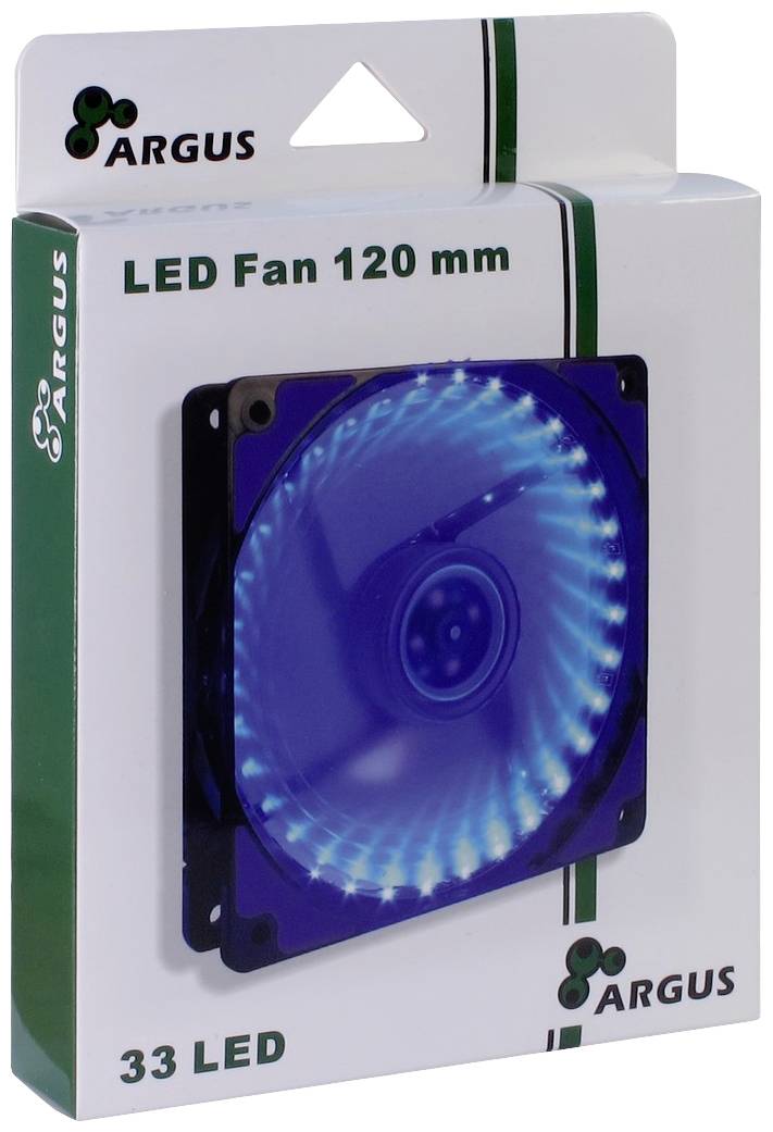 Eine Verpackung mit einem blauen LED-Lüfter, 120 mm, 33 LED, der Marke Argus. Der Lüfter ist auf der Vorderseite abgebildet.