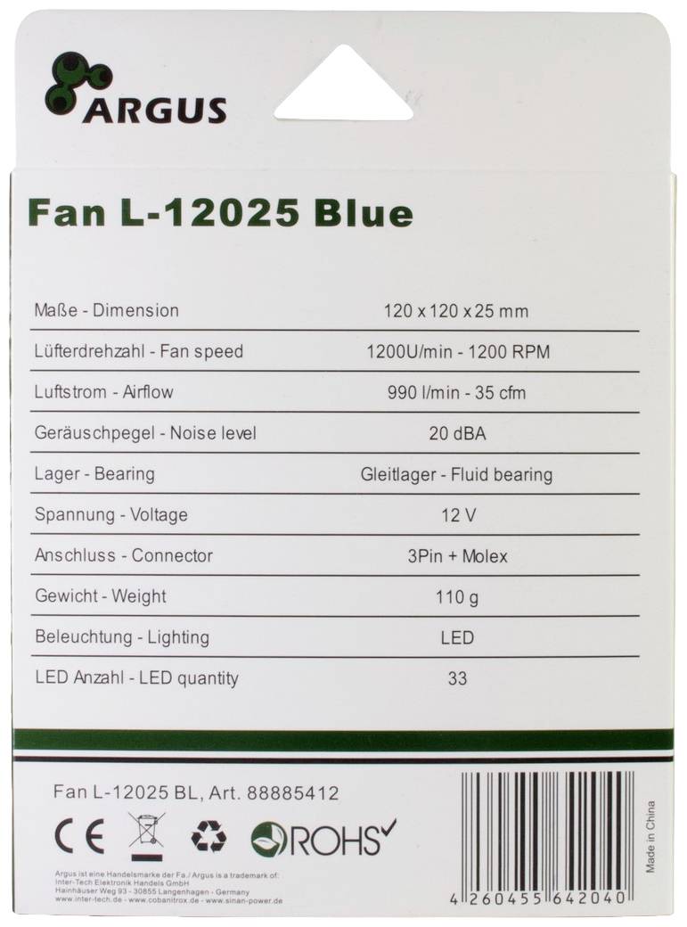 'Argus Lüfter L-12025 Blue': Maße 120x120x25mm, 1200 U/min, Luftstrom 990 l/min, Geräusch 20 dBA, 12V, Anschluss 3Pin+Molex, LED 33.
