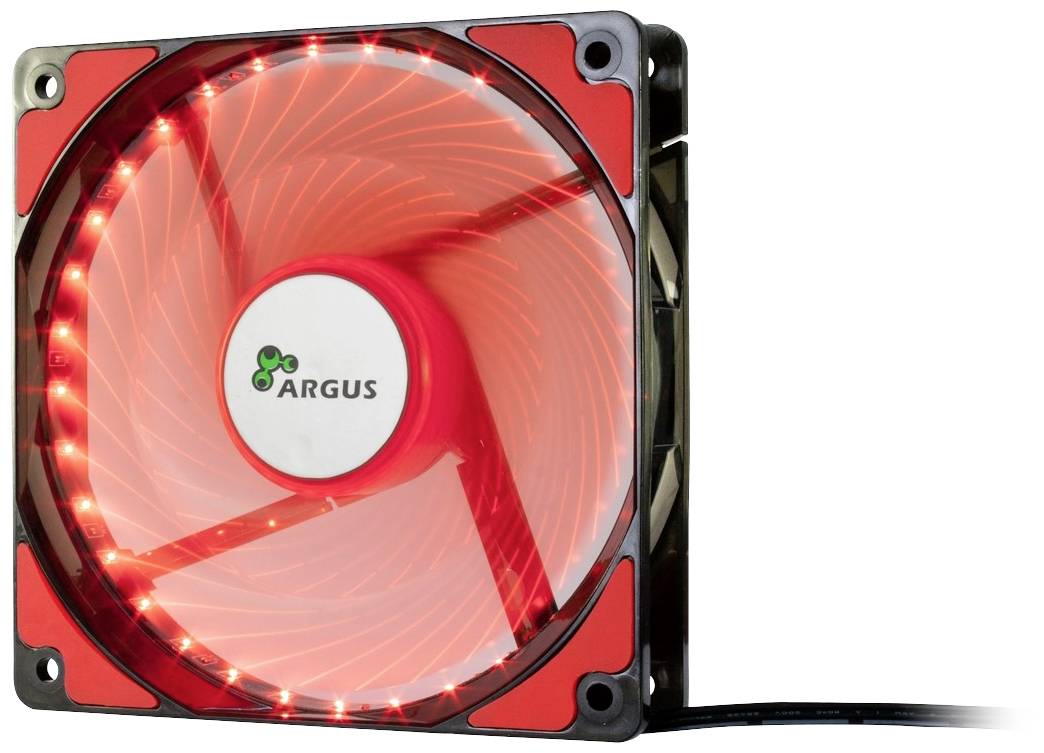 Ein roter Computerlüfter mit leuchtenden LEDs, Marke 'Argus', zeigt den Lüfter in Betrieb.