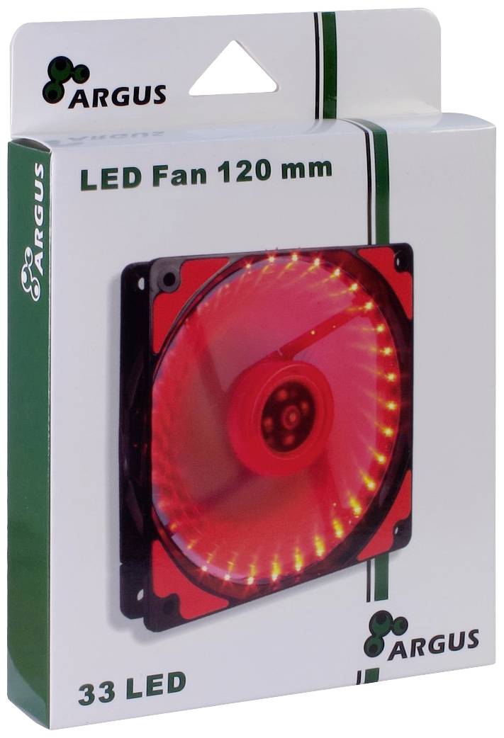 Verpackung eines roten 120 mm LED-Lüfters mit 33 LEDs, Marke 'Argus'.