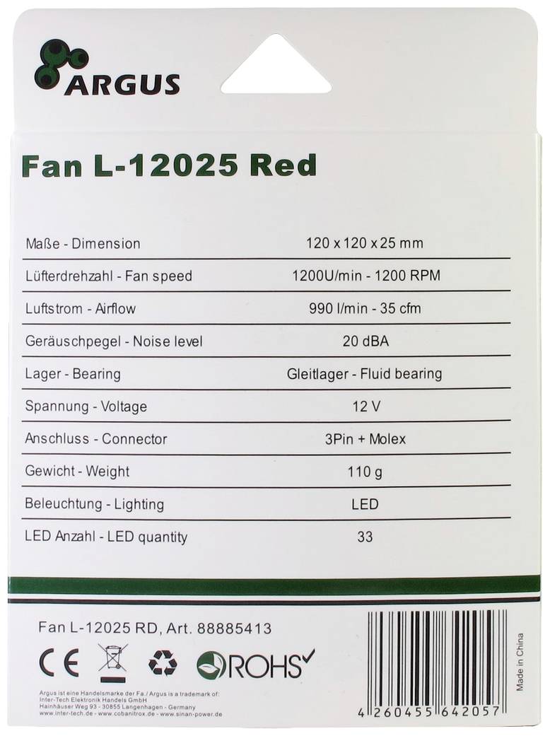 Ein Verpackungsetikett für einen Ventilator namens 'Fan L-12025 Red' von Argus. Angaben zu Größe, Drehzahl, Luftstrom, Geräuschpegel und weiteren technischen Details sind aufgelistet.
