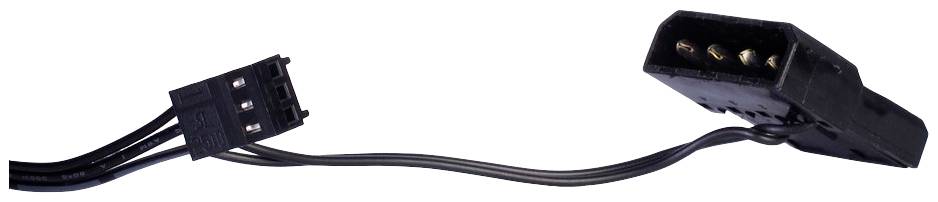Schwarzes Molex-Steckerkabel mit drei Stiften links und vier Buchsen rechts.