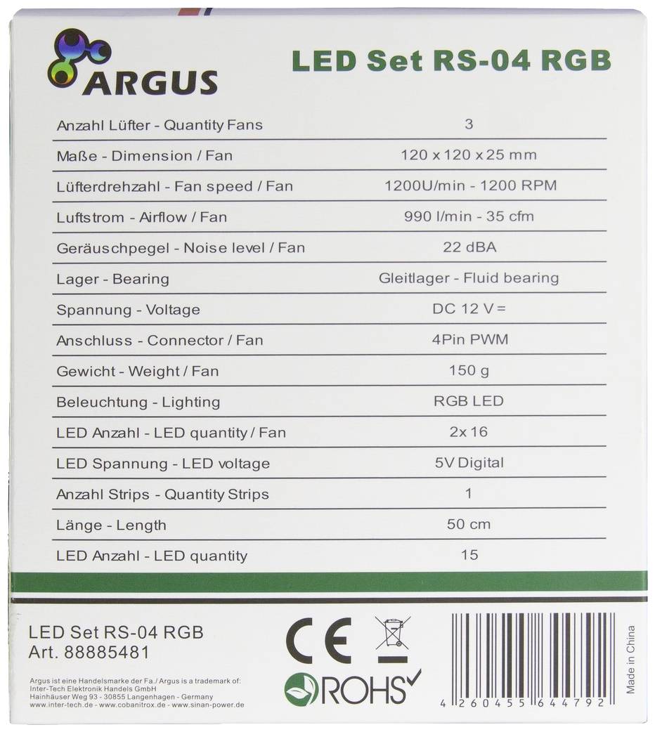 Inter-Tech Argus RS04 - RGB-Set PC-Gehäuse-Lüfter Schwarz (B x H x T) 120 x 120 x 25mm inkl. LED-Beleuchtung, inkl. Fernbedienung