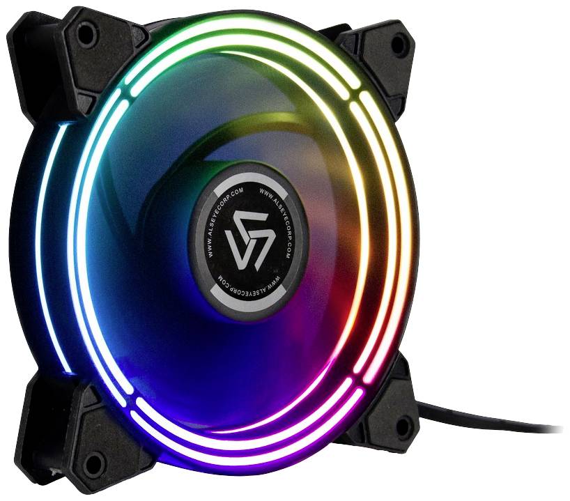 Ein Computerlüfter mit LED-Beleuchtung in Regenbogenfarben. Der Lüfter hat ein rundes Design und schwarze Befestigungen in den Ecken.