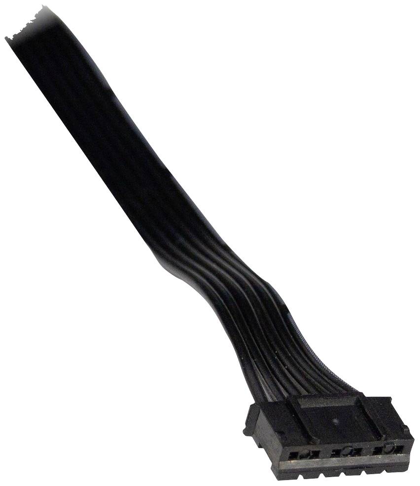Schwarzes Flachbandkabel mit Kunststoffstecker, häufig in Computergehäusen zum Verbinden von Komponenten verwendet.