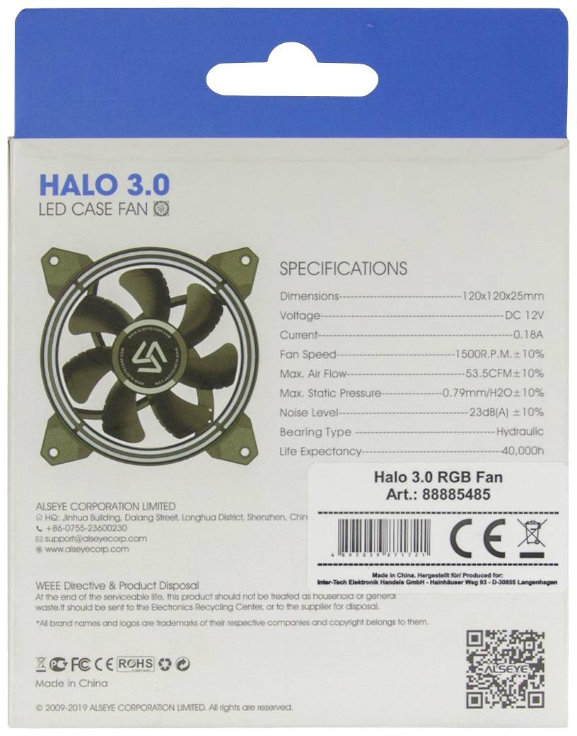 Rückseite einer Verpackung für den 'Halo 3.0 LED Case Fan'. Spezifikationen wie Maße, Spannung, Lüftergeschwindigkeit und Lebensdauer sind aufgeführt. Produktbeschreibung und Herstellerinformationen sind vorhanden.