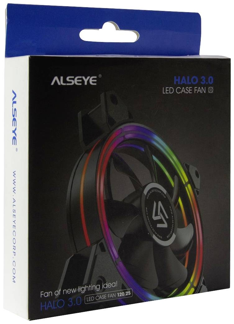 Verpackung eines 'ALSEYE HALO 3.0 LED Case Fan'. Zeigt den Lüfter mit RGB-Beleuchtung. Text: 'Fan of new lighting idea!'