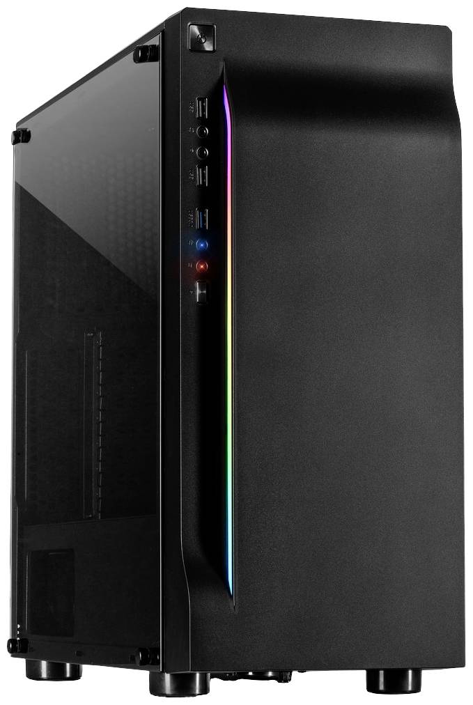 Ein schwarzes Computergehäuse mit seitlichem Glasfenster und vertikalen LED-Leuchten an der Vorderseite.