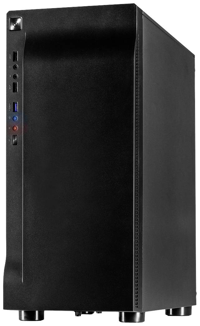 Schwarzer Computer-Tower mit mehreren USB-Ports und Knöpfen an der Vorderseite, steht auf einer ebenen Fläche.