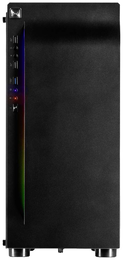 Schwarzes Computergehäuse mit seitlichen Anschlüssen und dezenter RGB-Beleuchtung an der Vorderseite.