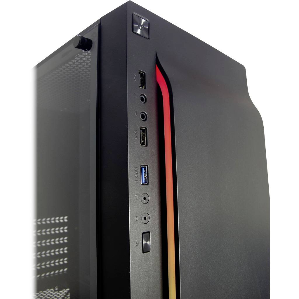 Schwarzes Computergehäuse mit transparentem Seitenteil, mehreren USB-Anschlüssen und farbigem LED-Streifen an der Front.