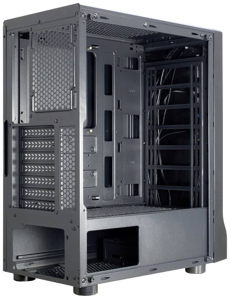 PC-Gehäuse aus Metall, offen mit Blick auf den Innenraum; bietet Platz für mehrere Festplatten, Erweiterungskarten und ein Lüftungssystem.