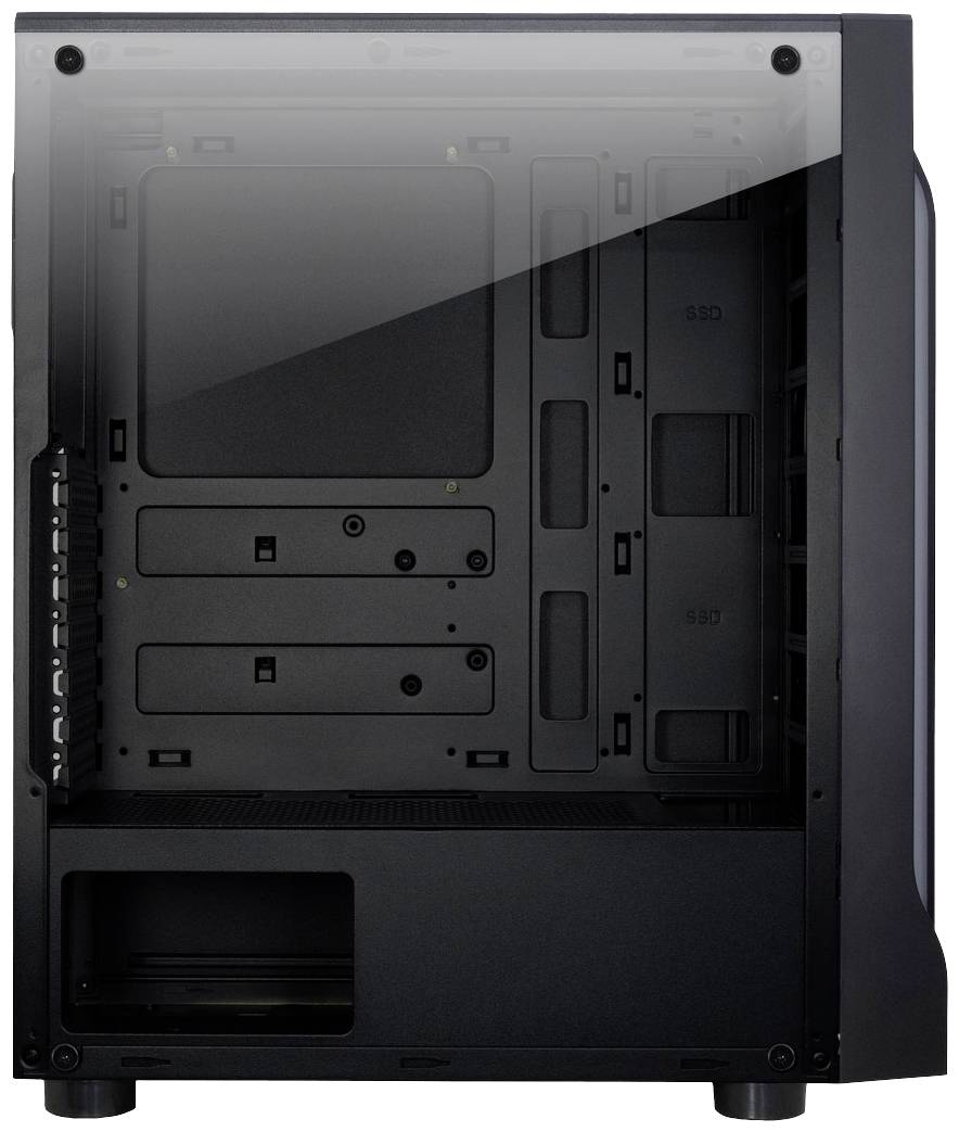 Computergehäuse mit transparentem Seitenteil, zeigt leeren Innenraum für Hardwarekomponenten wie Motherboard, Festplatten und Netzteil.