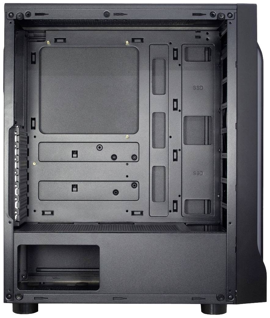 Computergehäuse in Schwarz, seitlich geöffnet. Sichtbare Halterungen für Mainboard, Laufwerke und Lüfter. Kein Innenleben montiert.