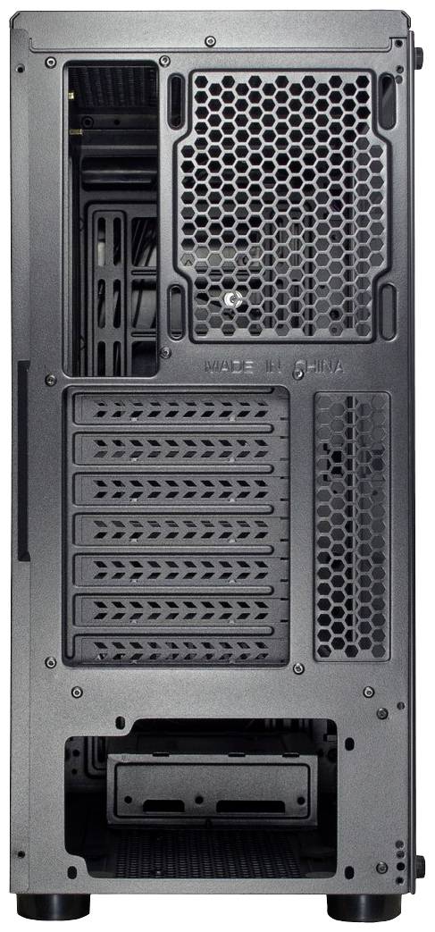 Rückseite eines Computergehäuses mit mehreren Steckplatz-Abdeckungen und Gitterlüftung. Unten befindet sich ein offener Steckplatz.