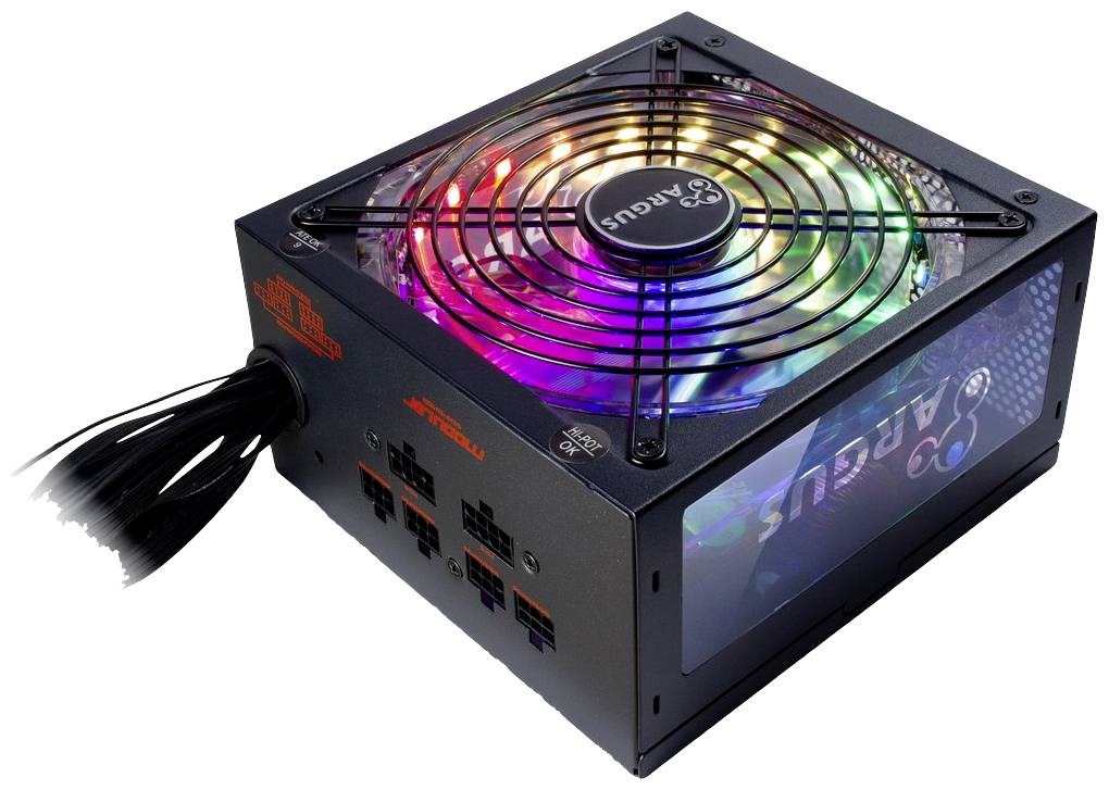 Schwarzes PC-Netzteil mit RGB-beleuchtetem Lüfter, zahlreichen Anschlüssen und Kabelbündel an der Seite.