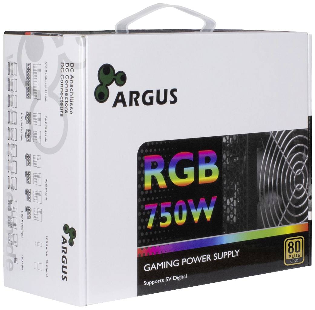 Verpackung eines Argus RGB 750W Gaming-Netzteils mit 80 Plus Gold-Zertifizierung. Enthält RGB-Beleuchtung und unterstützt 5V Digital.