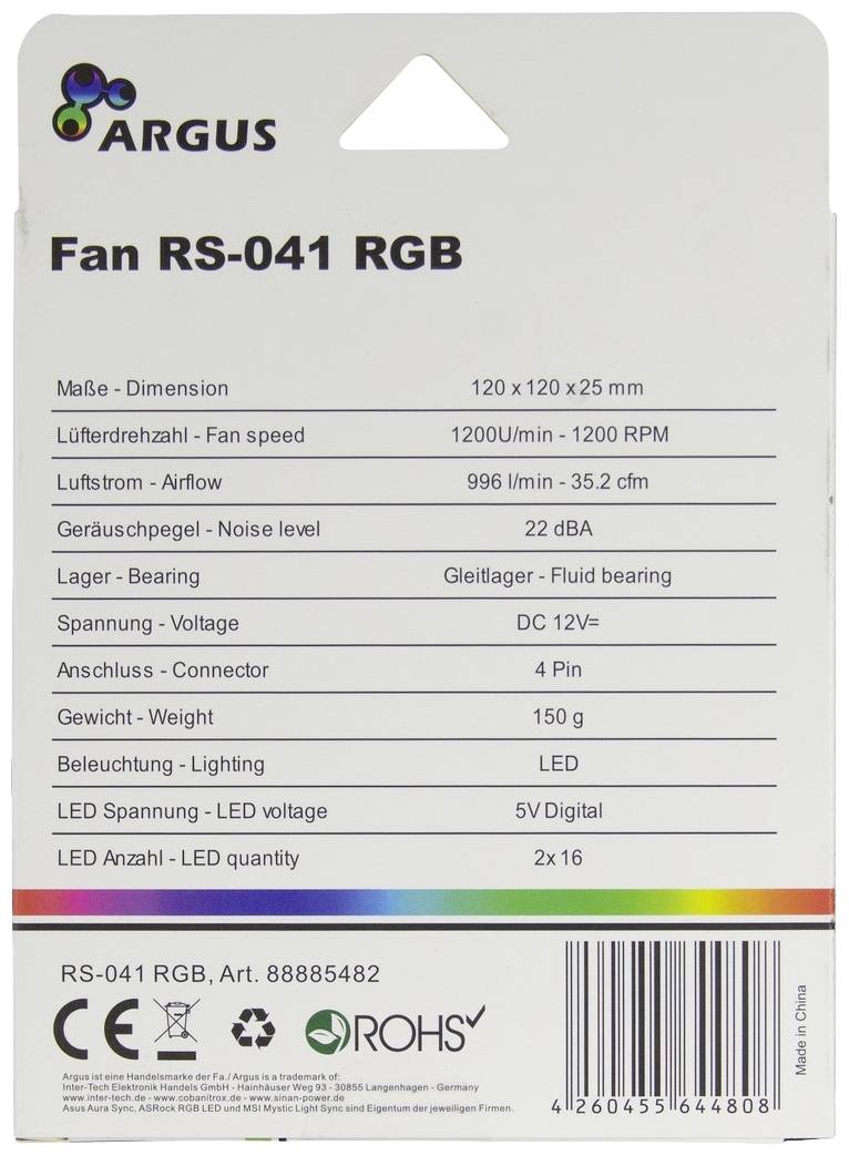 Inter-Tech Argus RS41 PC-Gehäuse-Lüfter Schwarz (B x H x T) 120 x 120 x 25mm inkl. LED-Beleuchtung