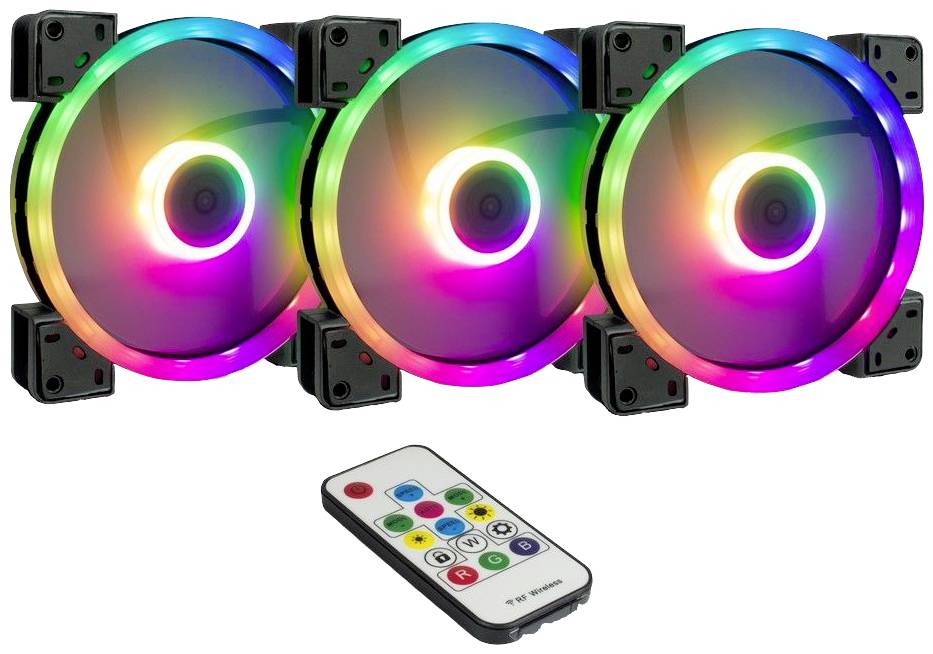 RGB-Gehäuselüfter-Set mit Fernbedienung zur Steuerung der Lichtmodi. Besteht aus drei runden, mehrfarbig leuchtenden Lüftern.