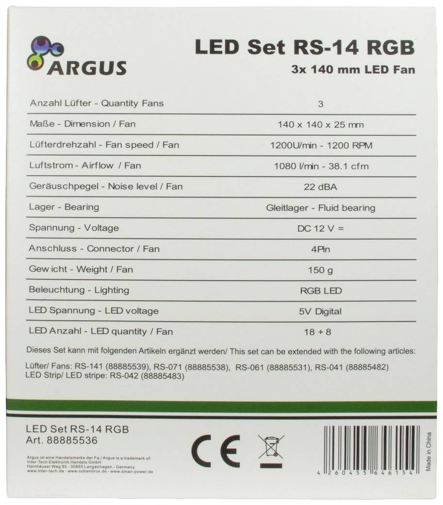 Inter-Tech Argus RS14 PC-Gehäuse-Lüfter Schwarz (B x H x T) 140 x 140 x 25mm inkl. Fernbedienung, inkl. LED-Beleuchtung