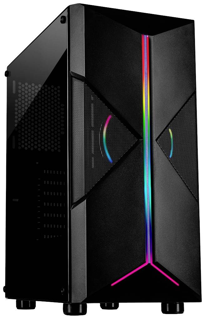 Ein schwarzes PC-Gehäuse mit transparentem Seitenfenster und bunter RGB-Beleuchtung an der Vorderseite, geeignet für Gaming-Setups.