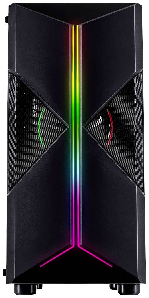 Ein schwarzes PC-Gehäuse mit diagonalen Linien und leuchtenden LED-Streifen in Regenbogenfarben an der Vorderseite.