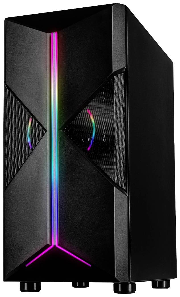 Schwarzes Computergehäuse mit diagonalem RGB-Lichtstreifen in der Mitte. Geeignet für Gaming-PCs, modernes und stilvolles Design.