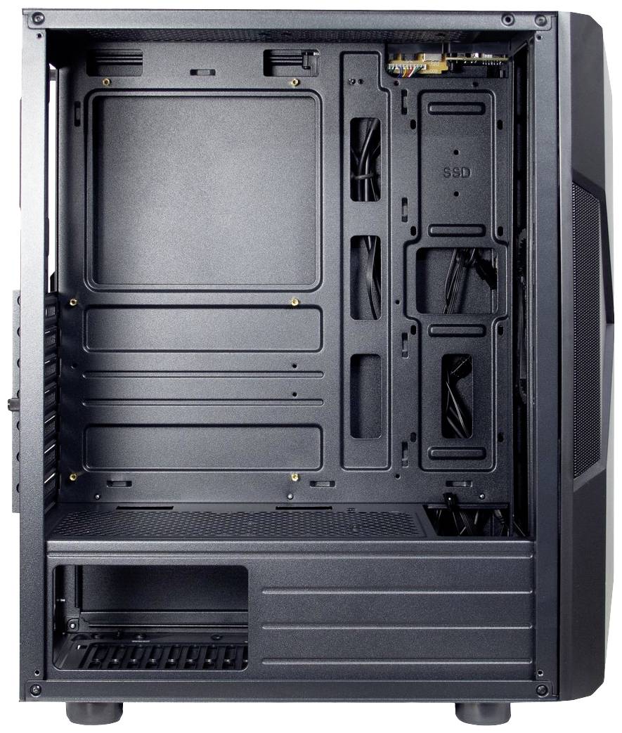 Ein offenes Computergehäuse ohne installierte Komponenten; mehrere Steckplätze für Laufwerke sichtbar.